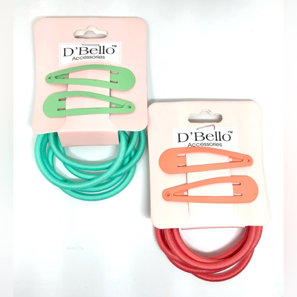 D’Bello Mint Green Coral Orange French Clip and Ponytail Band Hair Bundle NWT